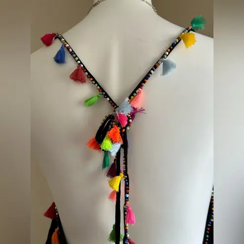 Black Swim Romper With Tassel Multi Color & Beads Trim Cover Up NWT Sz M Size M