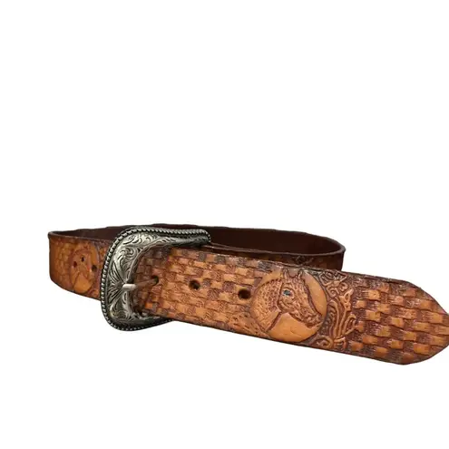 Horse embossed leather hand tooled belt 30 Brown