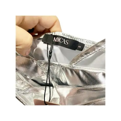 Micas Silver Metallic Sweatheart Neck Midi Dress S Sleeveless Formal NEW