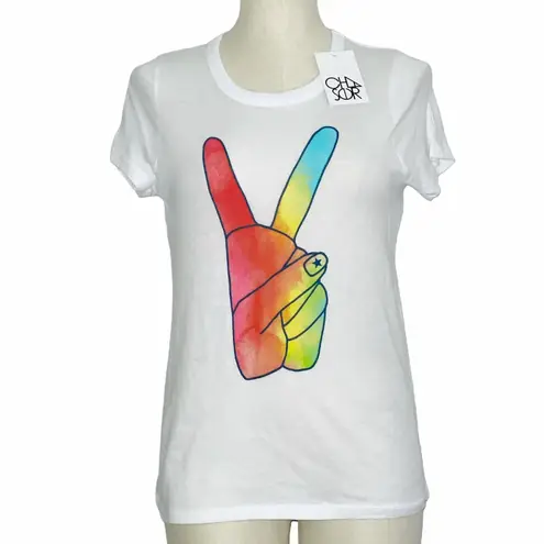 Chaser NWT  Peace Sign Graphic Short Sleeve Tee Top  Tie Dye Rainbow Soft