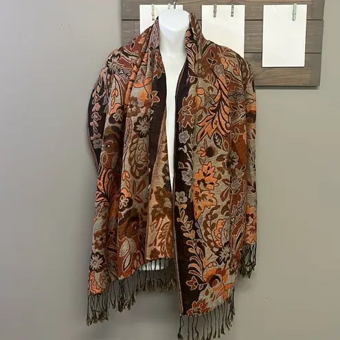 Fall Autumn Scarf Wrap with Fringe Leaves Colorful Thanksgiving Seasonal Brown
