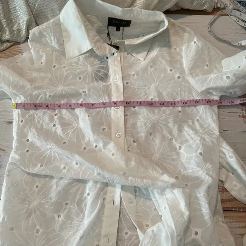 Gracia Bow Waist Long Sleeve Embroidered Full Button Top Size Small Minimalist