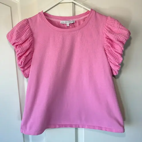 English Factory Pink Mixed Media Cotton Tee Gauzy Flutter Sleeve Ruffled Medium