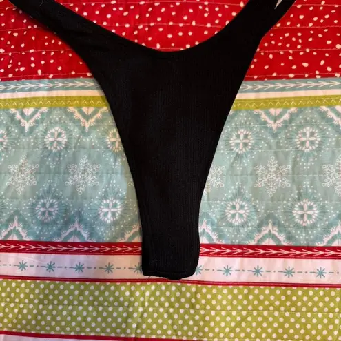 Black Ribbed Triangle Bikini Top Thong Swimsuit Set Size S