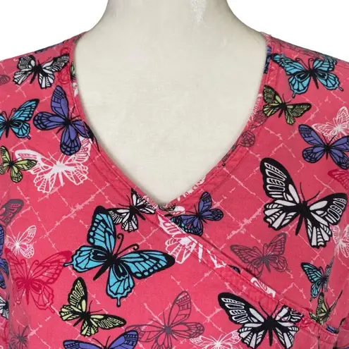 Scrubstar womens M short sleeve v-neck pullover pink with butterflies scrub top