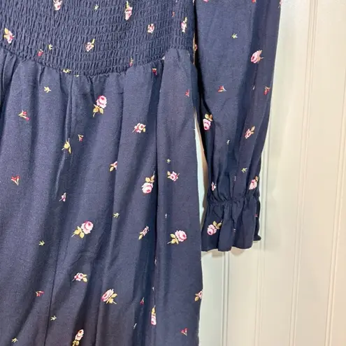 Elodie Long Sleeve Smocked Square Neck Navy Floral Dress Sz S