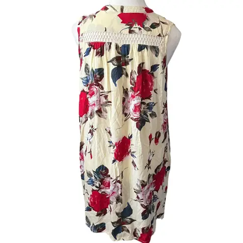 Umgee  USA Cream Floral Print‎ Sleeveless Dress Boho Lace Up Neck Size Medium