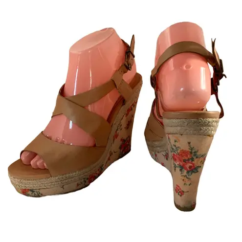 Jessica Simpson  "JP MASON" BROWN FAUX LEATHER & FLORAL PRINT WEDGE SANDALS (8)