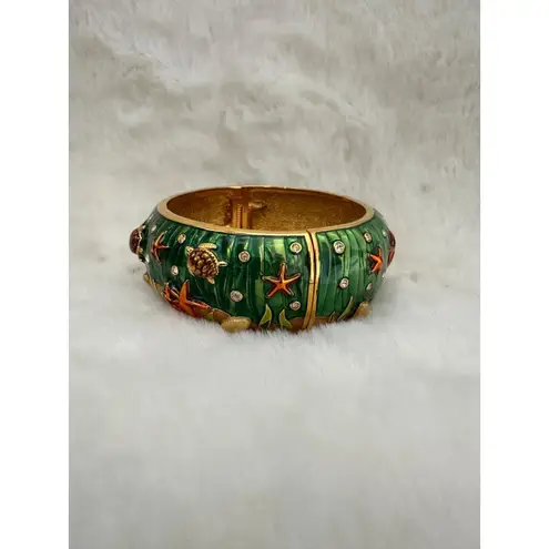 Met Museum MMA Sea Life Enamel Cuff Bracelet Turtle Starfish Ocean Gold Tone Green