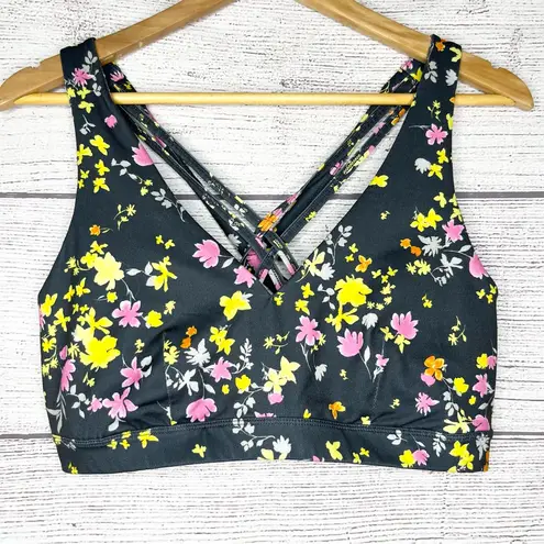 Ideology Gray Pink & Yellow Floral Strappy Back Low Impact Sports Bra Size Large