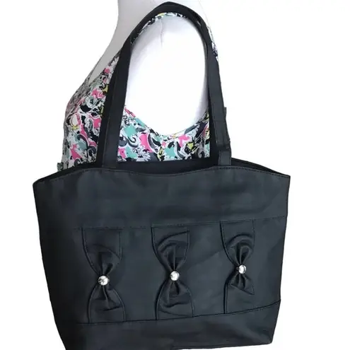 FAUX LEATHER BLACK WITH EMBELLISHED BOW DESIGN SHOULDER BAG