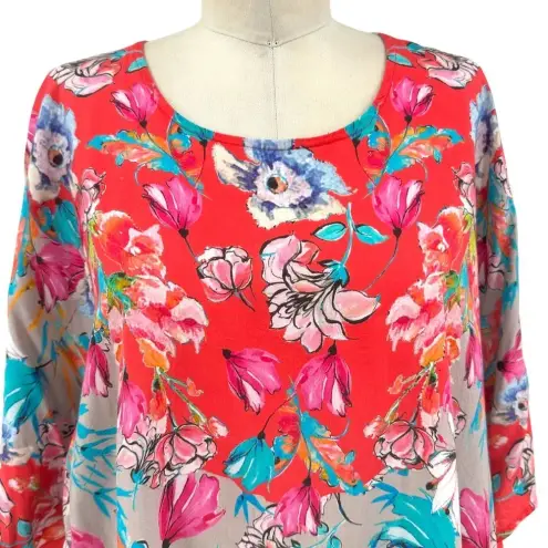 Tolani Pink & Blue Poppy‎ Floral Kimono Poncho Woven Top Size Medium Red