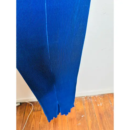 L’IDEE Regal Blue 90s One Shoulder High Neck Satin Plisse Lettuce Hemline Dress Size 10