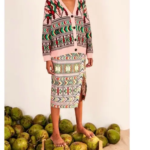 Farm Rio Anthro Women’s Yawanawa Aztec Print Amulet Linen Wrap Midi Skirt Sz S
