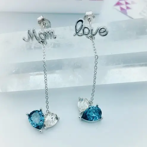 I Love You Mom Sterling Silver Simulated Sapphire Drop Earrings Blue