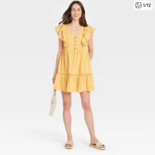 Knox Rose  Size S Yellow Dress Mini Flutter Sleeve Gauzy Tired Inlet Lace Boho