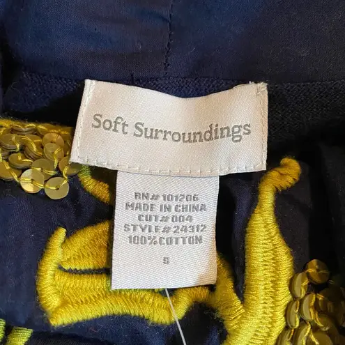 Soft Surroundings Embroidered Sequin Cowl Neck Knit Top Navy Blue Gold NEW Small
