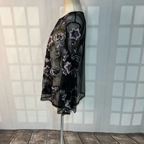 Inc international Concepts Black Mesh Embroidered Long Bell Sleeve Blouse Sz 2X