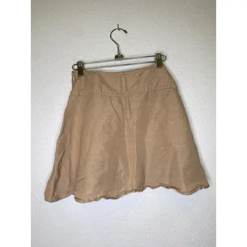 Free People  Higher Ground Flared Tan Linen Mini Skirt EUC Sz 2 Belted Side Zip