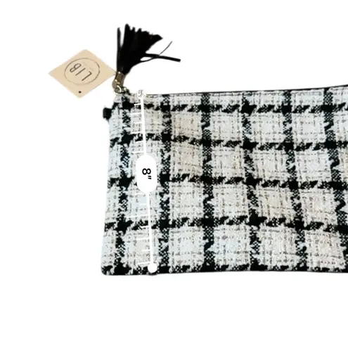 L.I.B. New York Plaid Zip Top Bag Women’s Black White Tweed Small Fringe Pull