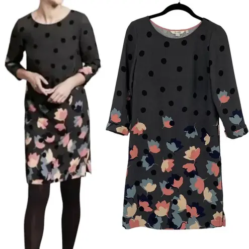 Boden Floral Polka Dot Print A Line Mini Dress Scoop Neck Gray Pink Womens 2R Size 2