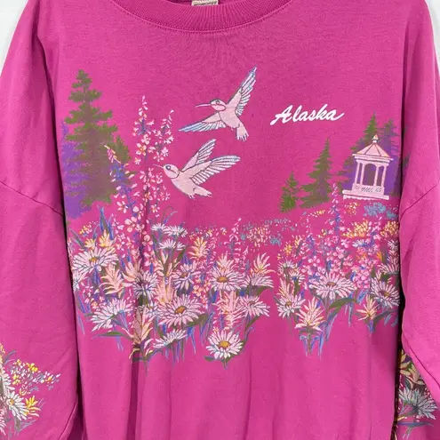 Vintage Alaska Wildflower Hummingbirds Painted Screenprinted Pink Sweatshirt Size L
