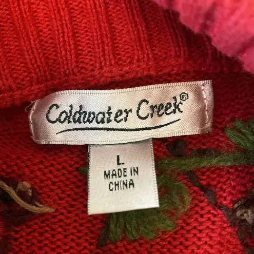 Coldwater Creek Vintage  Zip Cardigan Sweater L Large Red Embroidered Birds Pines