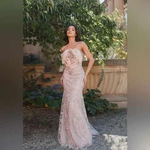 Mac Duggal 21036 Pink Strapless Lace Embellished Trumpet Gown With 3D Flower