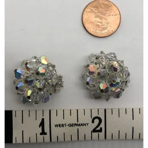 Vintage 1950s Laguna Earrings Aurora Borealis Crystal Bead Clip On Silver Tone