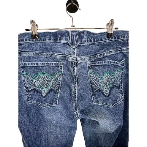 Metro 7 Low Rose Flare Jeans With Embroidery and Sequins On Bottom Blue Size 12