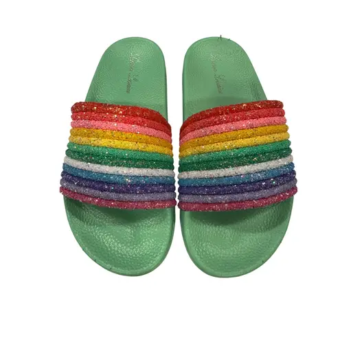 Lauren Lorraine Slides Size 7 Green Rainbow bright Glitter Sandals Women's Shoes