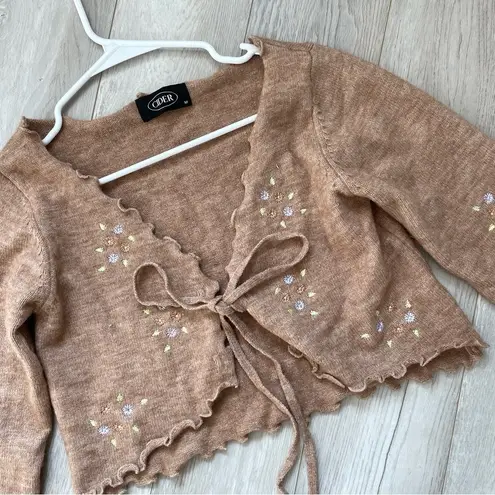 Cider Embroidered Cardigan Sweater Brown medium floral open tie front coquette
