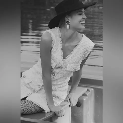 BHLDN Ella V-Neck Pearl Tweed Mini Dress