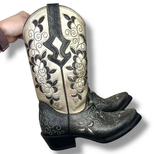 J.B. Dillon Calf Pointed Toe Black Gold Cowhide Leather Western Cowboy Boots 7.5