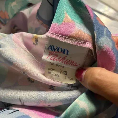 Vintage Avon Teal Pink Floral V Back Midi Dress With Mermaid Ruffle Bottom Hem Size 8