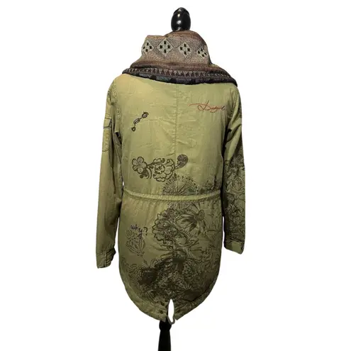Desigual Coat Green Parka~Faux Fur Vest Lining-Aztec Collar Women’s 4 US /36 EU
