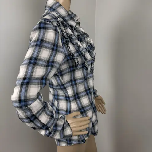 Seven7 Pleated Ruffle Blue Plaid Pearl Snap Button Front Long Sleeve Top Medium - Image 3