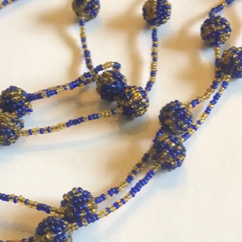 Vintage Blue  & Gold/Yellow Color Seed Bead Beaded Balls Boho Necklace