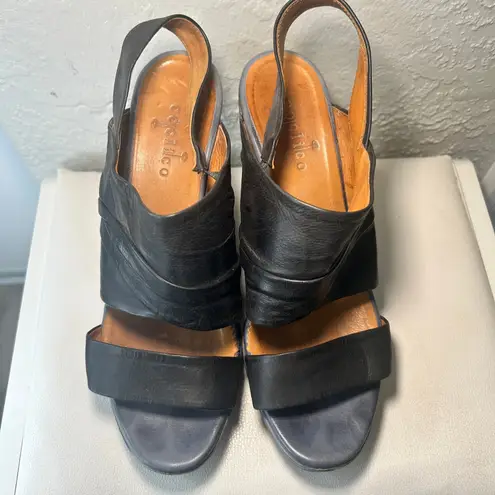 Coclico Black Leather Ruched Wedge Slingback Sandals Women's 9.5