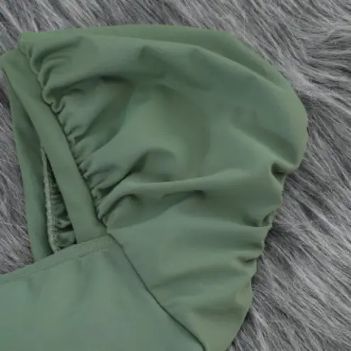 NEW Olive Green 2 Piece Swimsuit Bubble Sleeve Top High Waisted Belted Bottoms Size XL