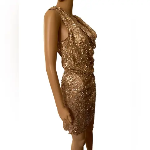 Black Metallic Gold Sequin Cowl Neck Draped Formal Party New Years Mini Dress Size M