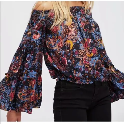 Free People Free Spirited Off The Shoulder Top Bell Sleeve Boho Floral Blouse XS