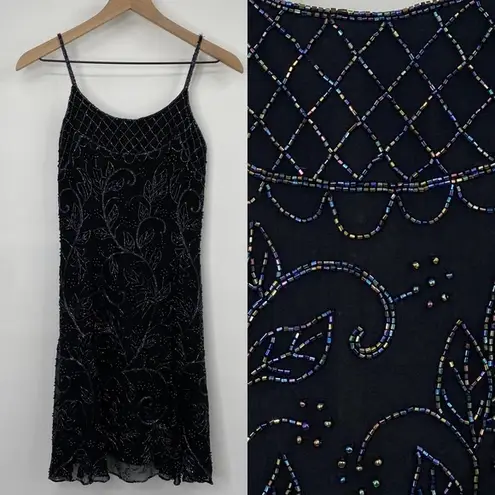 Vintage 90s Pure Silk Beaded Floral Mini Dress Flowy Cocktail Black Womens XS