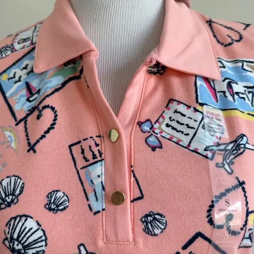 kim rogers Coral Pink Vacation Polo Womens Size Small Postcards Summer Travel