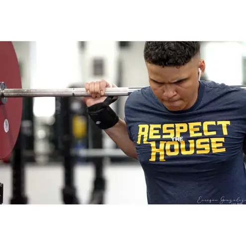 Next Level Apparel Respect the House Big Font T-Shirt in Blue/Yellow - Small, Short Sleeve, Crew