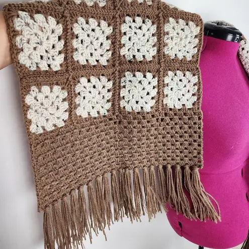 Handmade New Crochet Granny Square Shawl Wrap Fringes Brown Speckled Cream