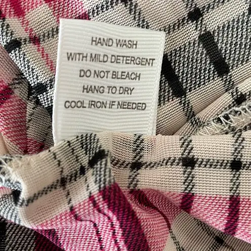 Eden & Olivia Top Women L Black Red Split Neck 3/4 Roll Tab Sleeve Plaid Popover