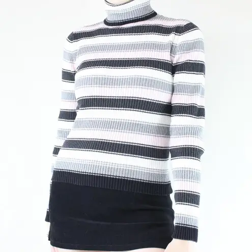 Q&A Grey, White, Pink & Black Striped Ribbed Turtleneck