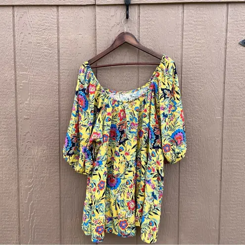 Terra & Sky  Womens Shirt Blouse Yellow Floral Tropical Puff Sleeve Babydoll 3X