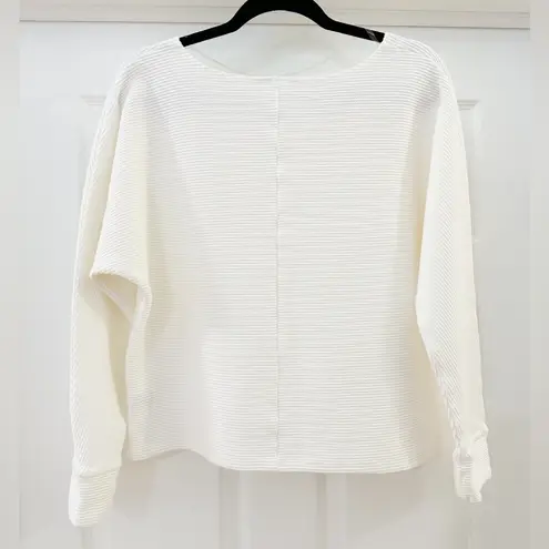 Pullover Ribbed Dolman Sleeve Drop Shoulder Long Sleeve Round Neck Top White